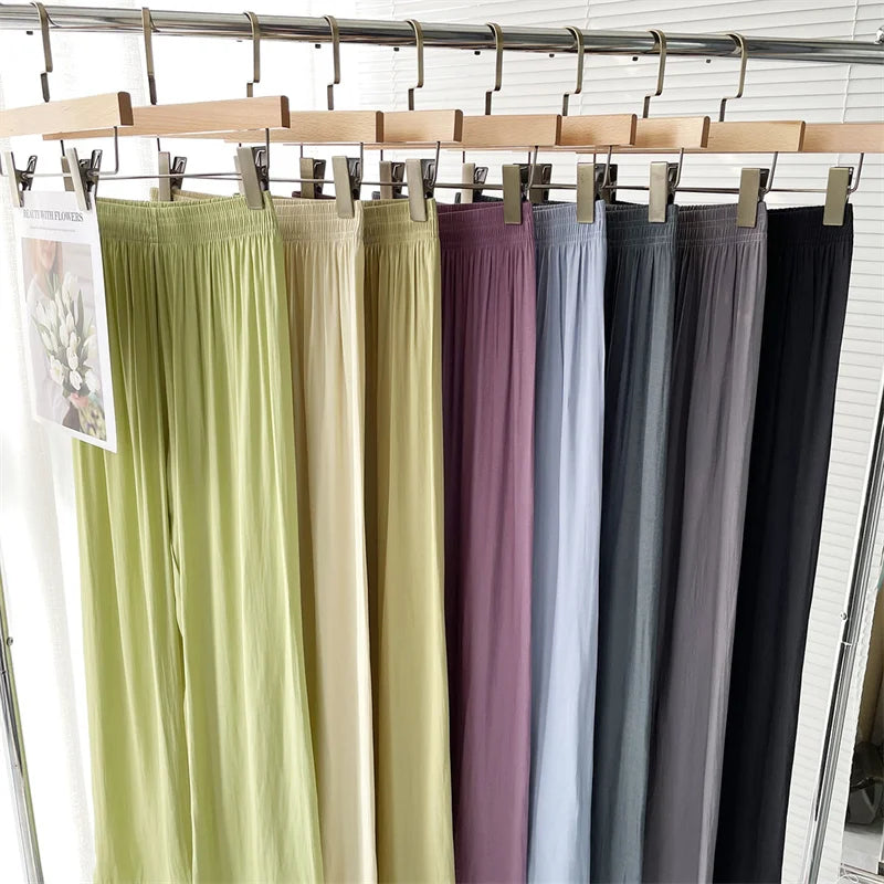 2024 Summer Thin Loose Wide-leg Pants Women's Ice Silk Casual Pants Elegant Elastic Waist Straight Trousers Lady Sport Pants 3