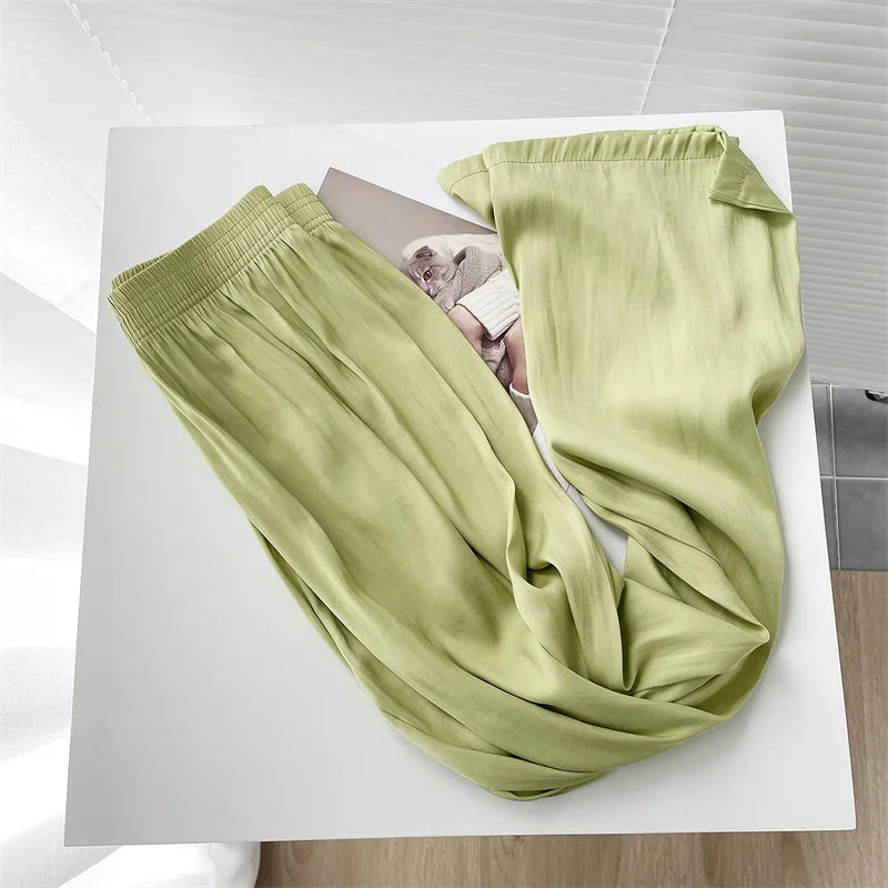 2024 Summer Thin Loose Wide-leg Pants Women's Ice Silk Casual Pants Elegant Elastic Waist Straight Trousers Lady Sport Pants 7