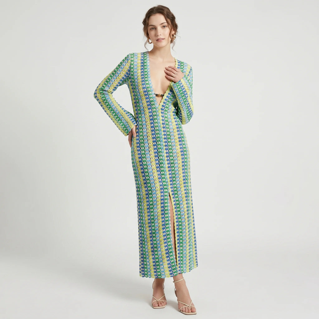 Colorful Maxi Dress for Women – Knitted V-Neck Dress with Long Sleeves and Slit-Dresses-Multicolor-S-Moninavi