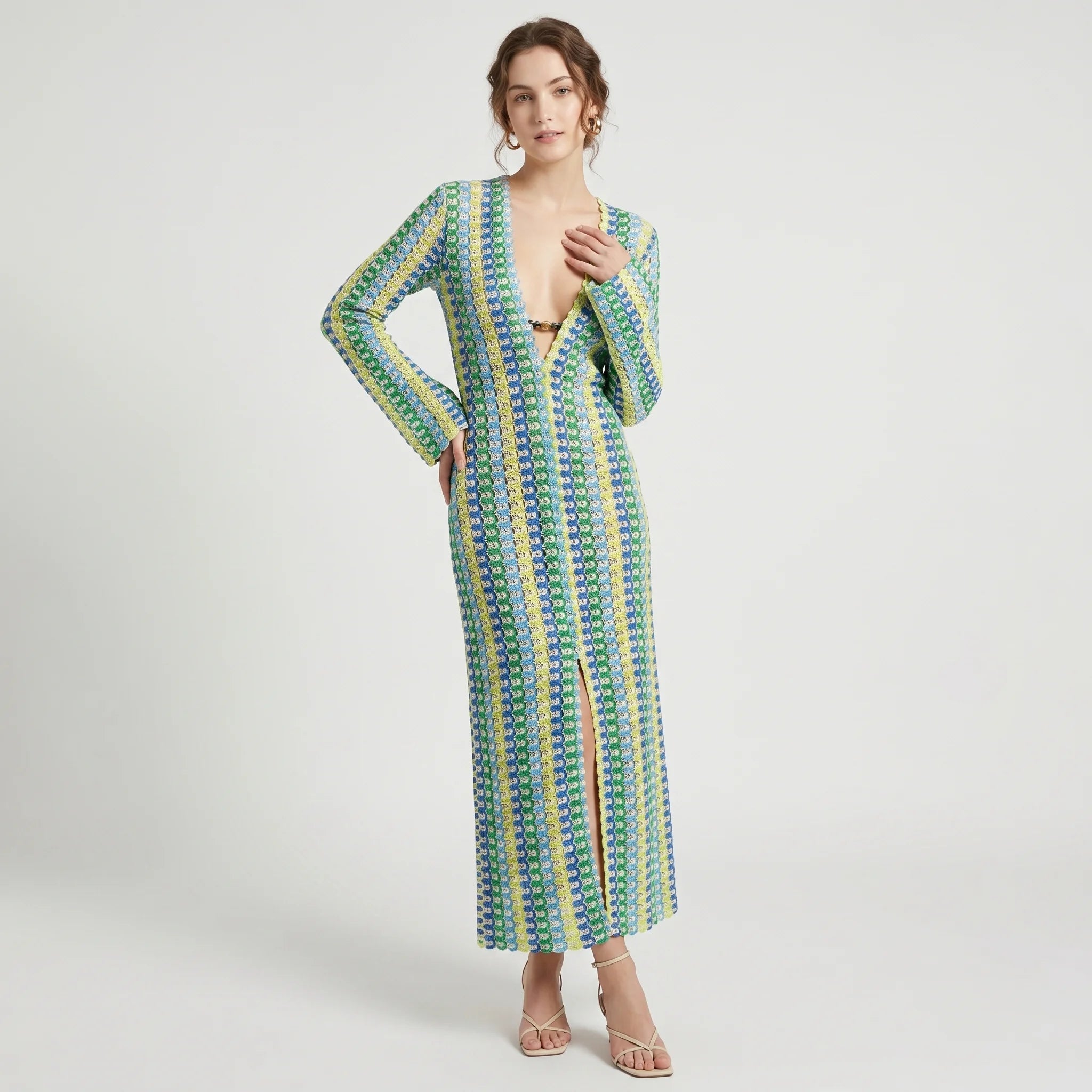 Colorful Maxi Dress for Women – Knitted V-Neck Dress with Long Sleeves and Slit-Dresses-Multicolor-S-Moninavi