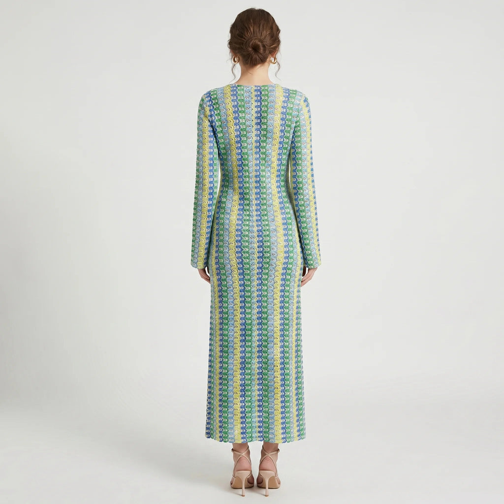 Colorful Maxi Dress for Women – Knitted V-Neck Dress with Long Sleeves and Slit-Dresses-Multicolor-S-Moninavi