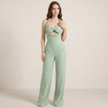 Green Women's Jumpsuit with Halterneck, Braided Details and Wide Legs-Jumpsuit-Green-S-Moninavi