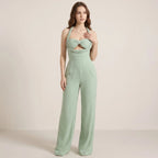 Green Women's Jumpsuit with Halterneck, Braided Details and Wide Legs-Jumpsuit-Green-S-Moninavi