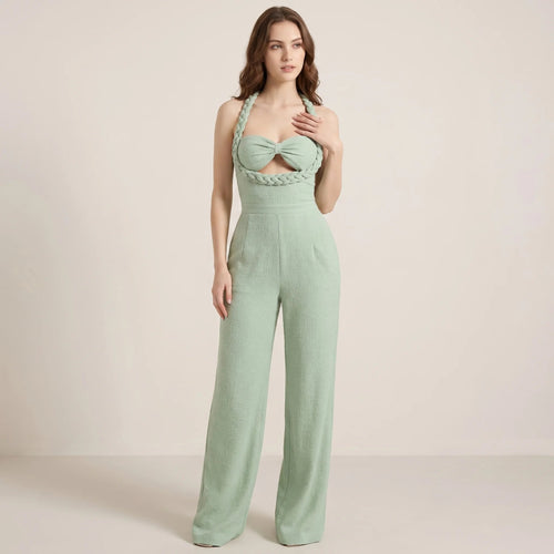 Green Women's Jumpsuit with Halterneck, Braided Details and Wide Legs-Jumpsuit-Green-S-Moninavi