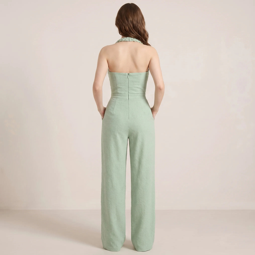Green Women's Jumpsuit with Halterneck, Braided Details and Wide Legs-Jumpsuit-Green-S-Moninavi