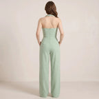Green Women's Jumpsuit with Halterneck, Braided Details and Wide Legs-Jumpsuit-Green-S-Moninavi