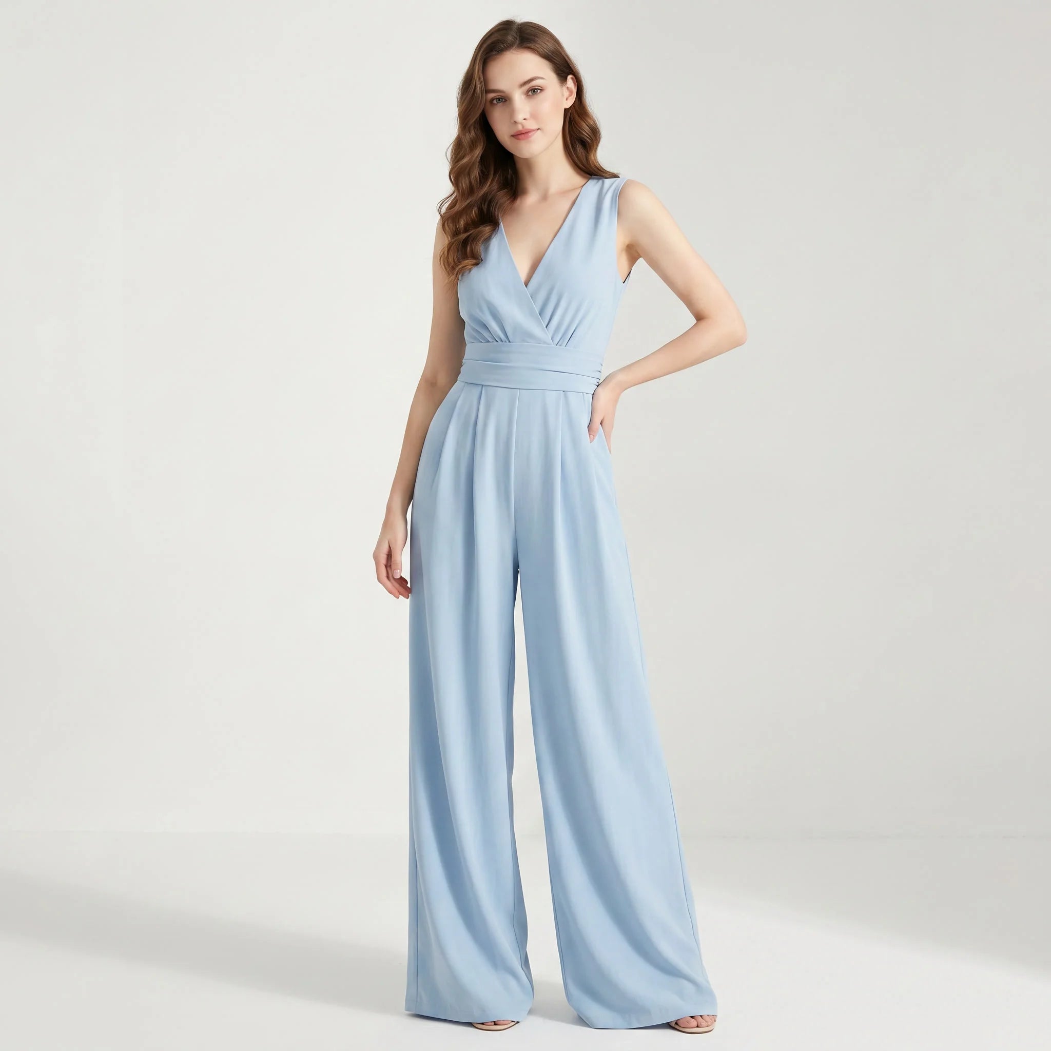 Sleeveless Women's Jumpsuit with High Waist, Wide Legs and Pockets-Jumpsuit-Sky Blue-S-Moninavi