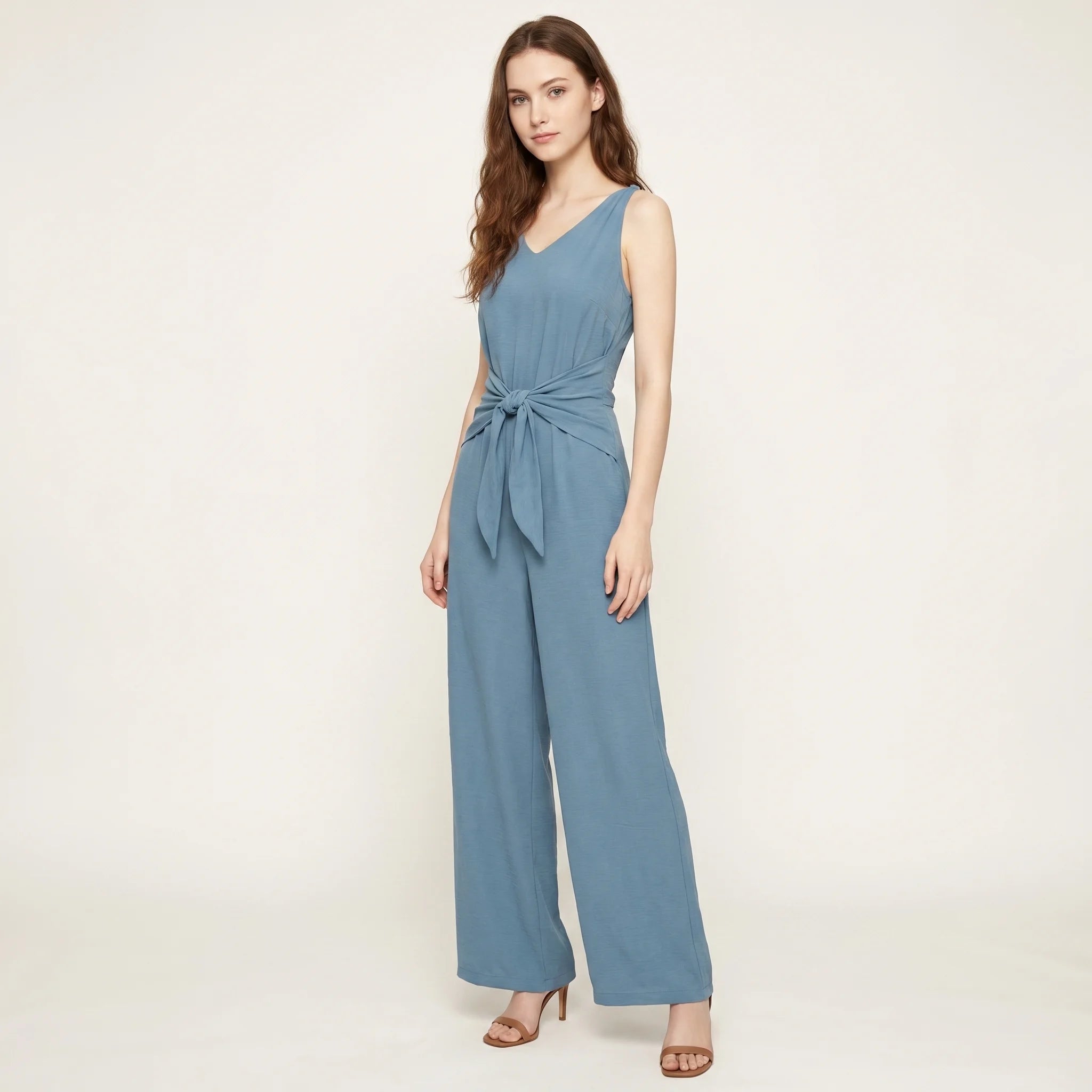 Sleeveless Women's Jumpsuit with V-Neck, Ties and Wide Legs-Jumpsuit-Light Blue-M-Moninavi