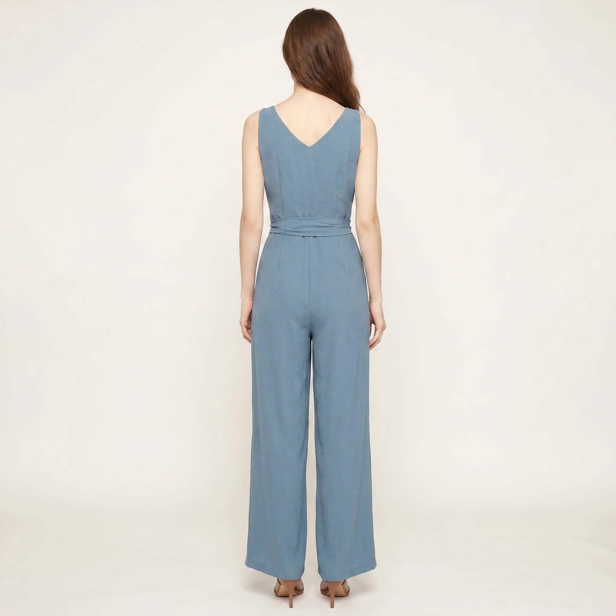 Sleeveless Women's Jumpsuit with V-Neck, Ties and Wide Legs-Jumpsuit-Light Blue-M-Moninavi
