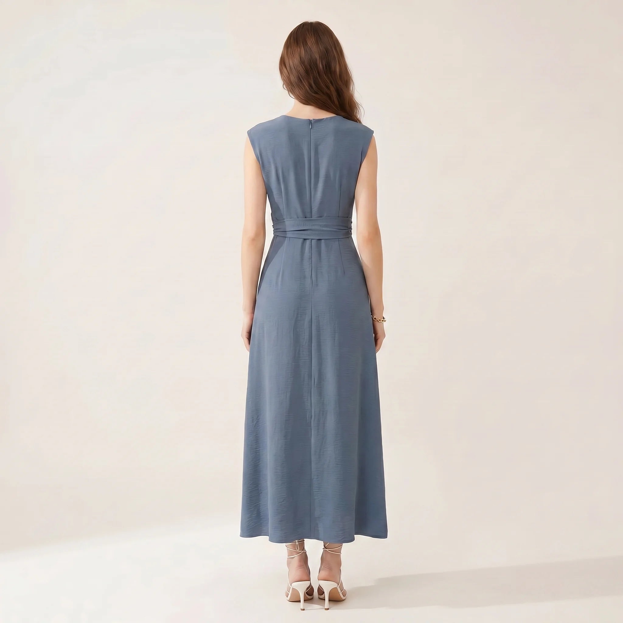 Summer Dress for Women – Sleeveless Midi Dress with Belt and Elegant Silhouette-Dresses-Blue-S-Moninavi