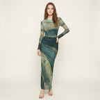Women's Pleated Maxi Dress – Elegant Mesh Dress for Evening Wear-Dresses-Green-S-Moninavi