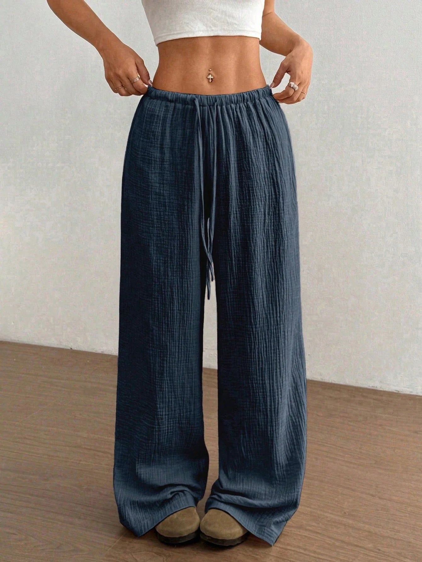 Women's Solid-Color Spring/Fall 100% Cotton Casual Drawstring Straight-Leg Pants 0