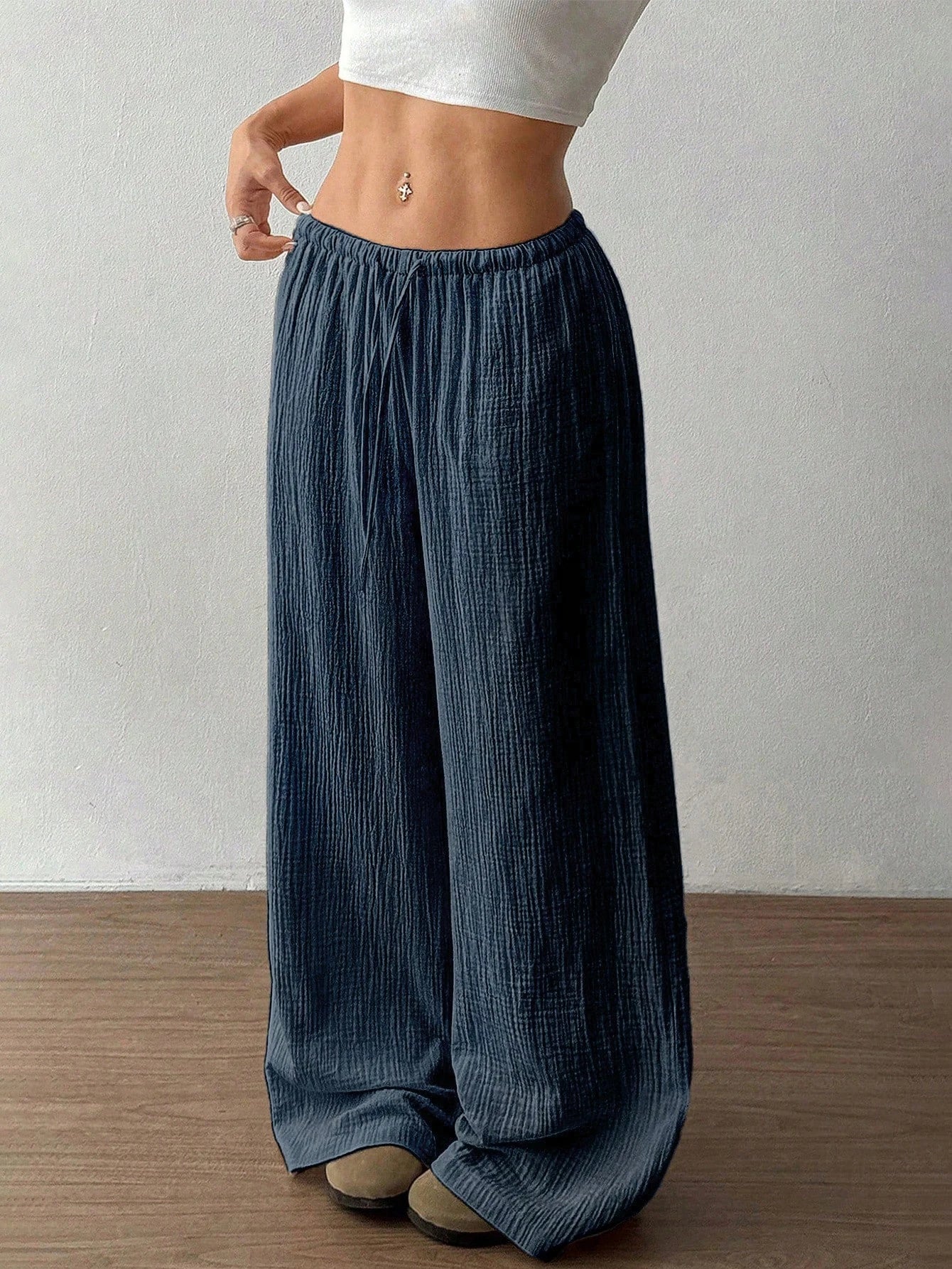 Women's Solid-Color Spring/Fall 100% Cotton Casual Drawstring Straight-Leg Pants 2