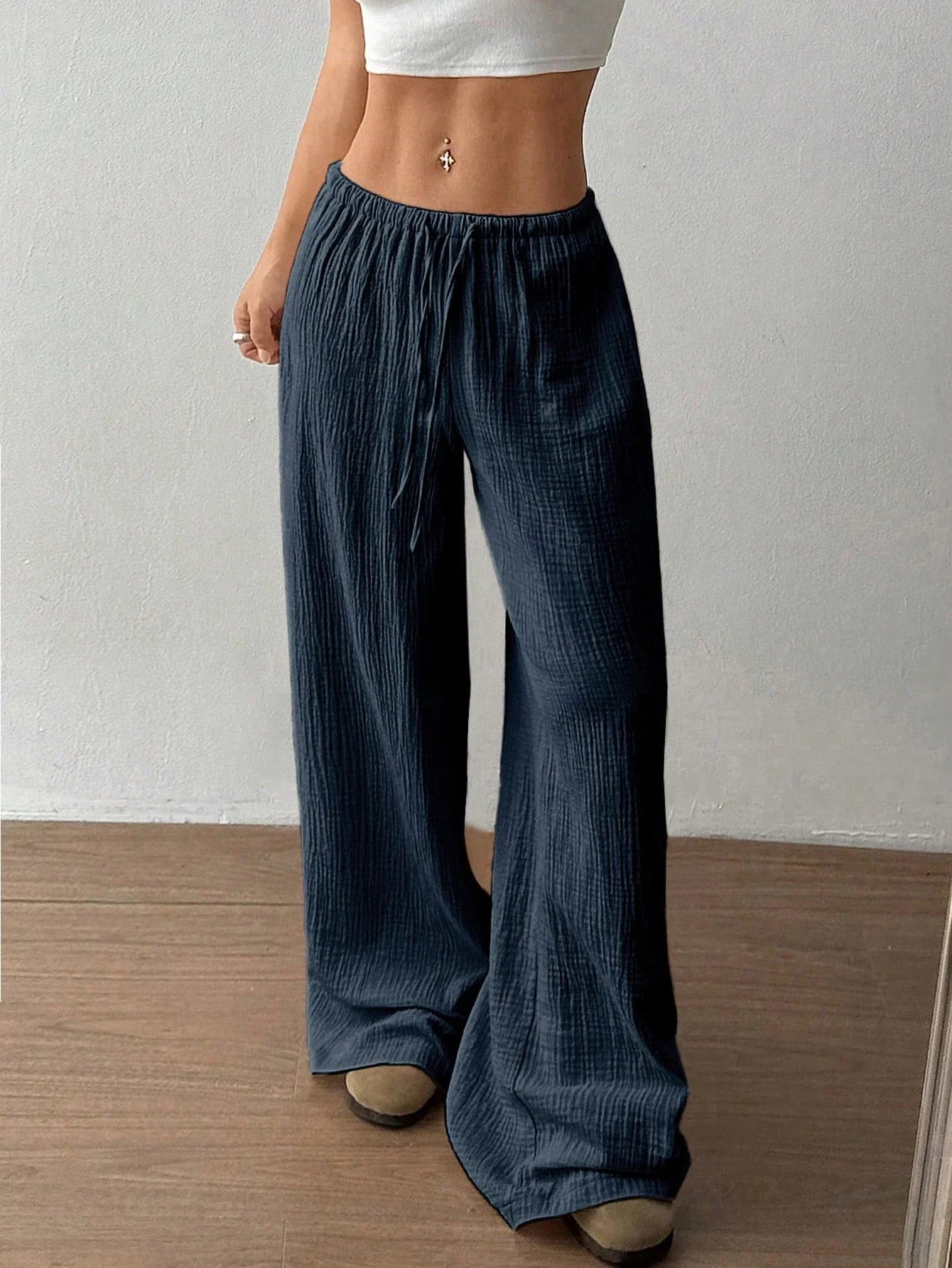 Women's Solid-Color Spring/Fall 100% Cotton Casual Drawstring Straight-Leg Pants 4