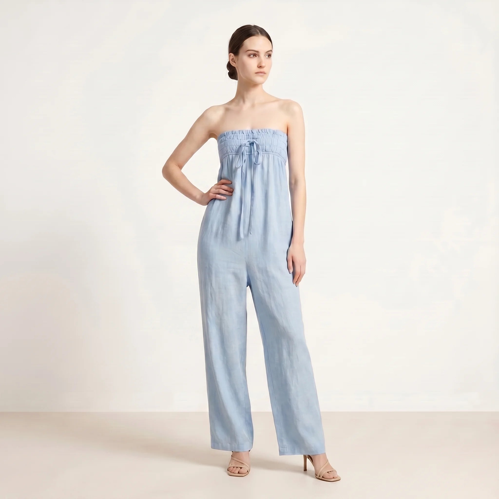 Women's Strapless Jumpsuit – Casual Summer Jumpsuit with Wide Legs and Pockets-Jumpsuit-Light Blue-XS-Moninavi