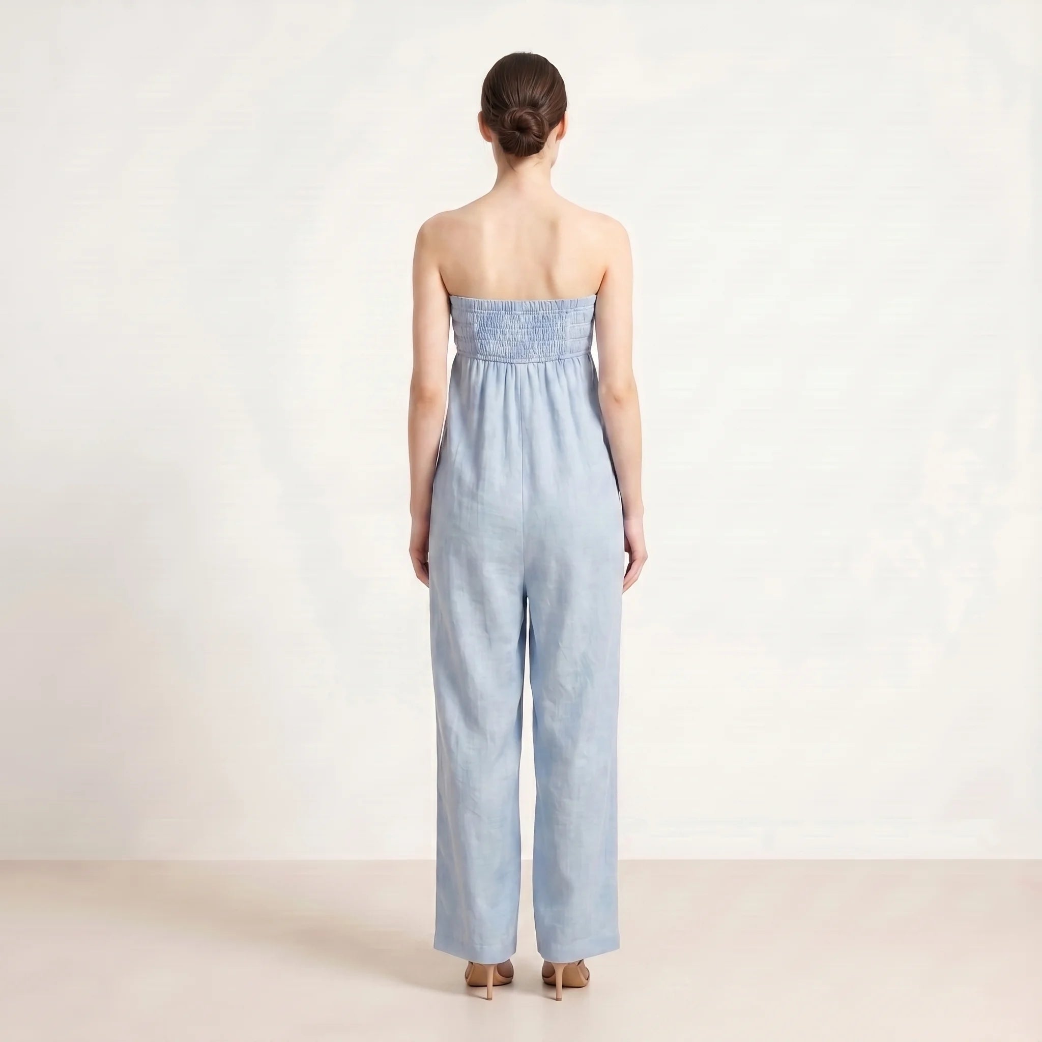 Women's Strapless Jumpsuit – Casual Summer Jumpsuit with Wide Legs and Pockets-Jumpsuit-Light Blue-XS-Moninavi