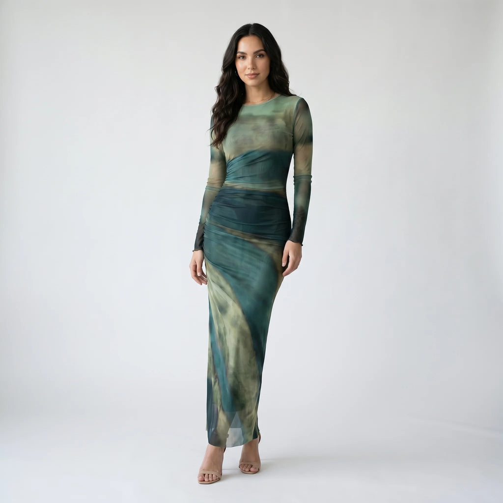 Women's Pleated Maxi Dress – Elegant Mesh Dress for Evening Wear