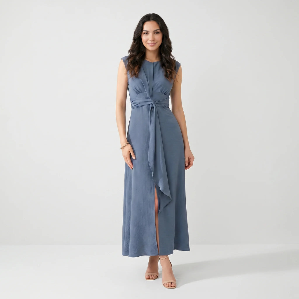 Summer Dress for Women – Sleeveless Midi Dress with Belt and Elegant Silhouette
