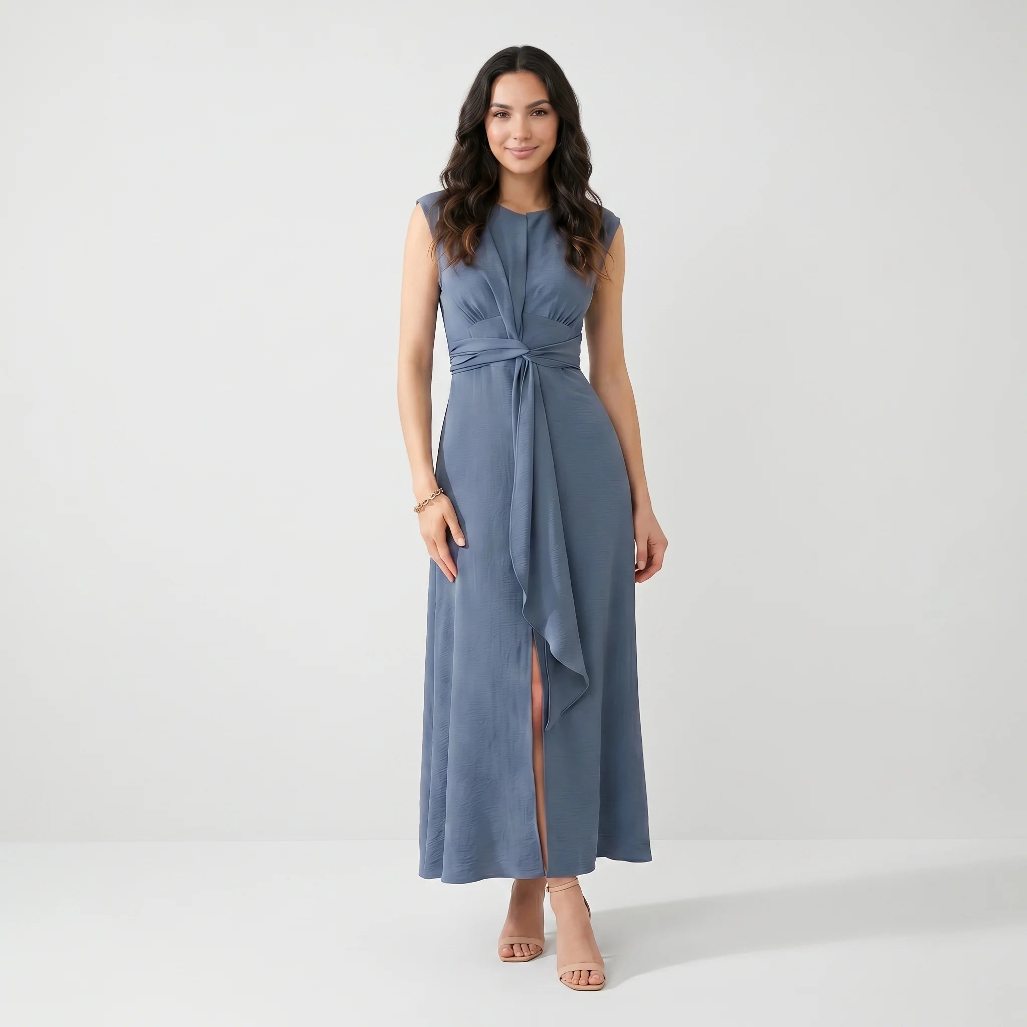 Summer Dress for Women – Sleeveless Midi Dress with Belt and Elegant Silhouette