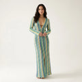 Colorful Maxi Dress for Women – Knitted V-Neck Dress with Long Sleeves and Slit-Dresses-Multicolour-S-Moninavi