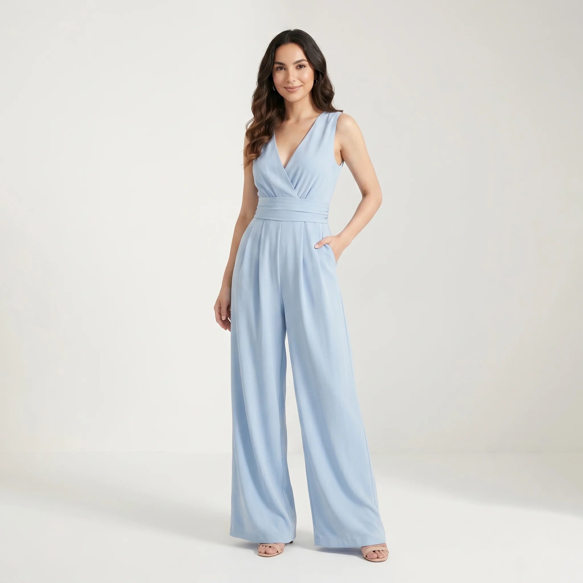 Sleeveless Women's Jumpsuit with High Waist, Wide Legs and Pockets