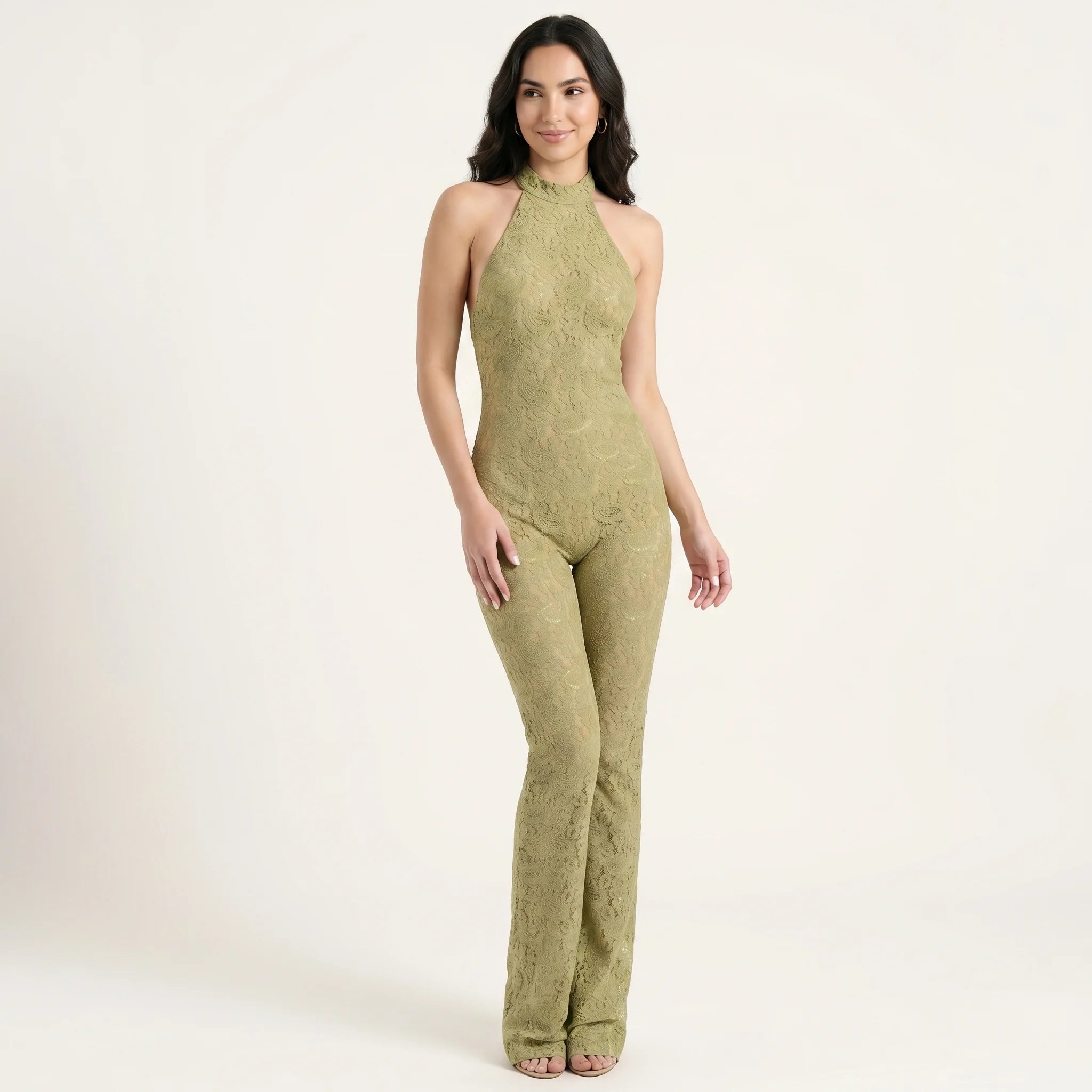 Backless Women's Jumpsuit in Lace – Bodycon Party Jumpsuit with Halterneck