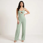 Green Women's Jumpsuit with Halterneck, Braided Details and Wide Legs