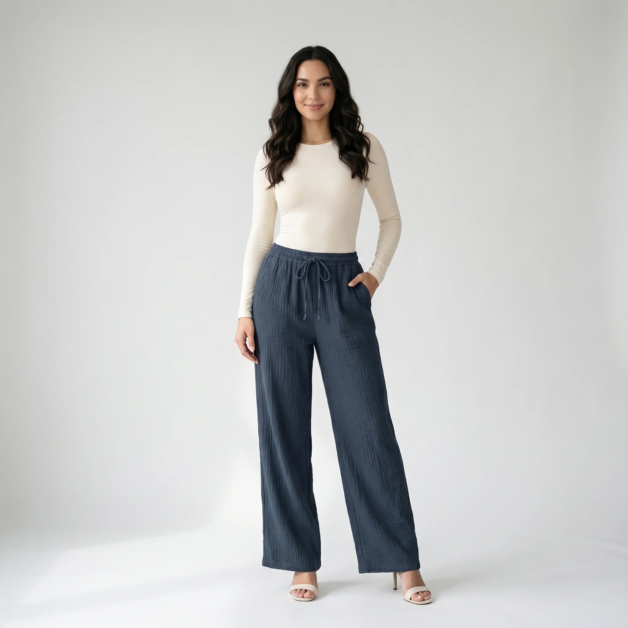 Women’s Cotton Wide-Leg Pants – Casual Drawstring Straight Leg Trousers
