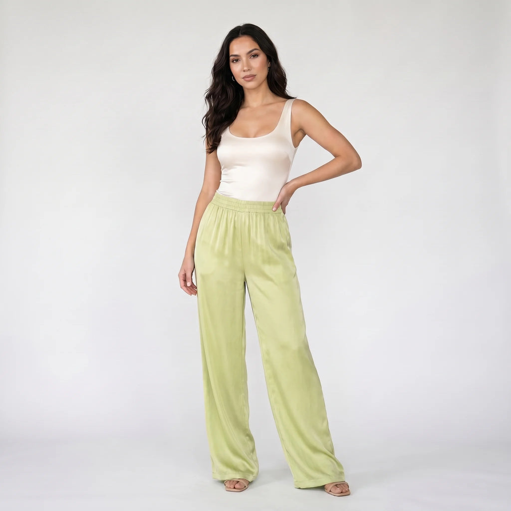 Women’s Ice Silk Wide-Leg Pants – Lightweight Elastic Waist Summer Trousers-Trousers-Green-S-Moninavi