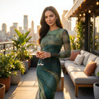 Women's Pleated Maxi Dress – Elegant Mesh Dress for Evening Wear-Dresses-Green-S-Moninavi