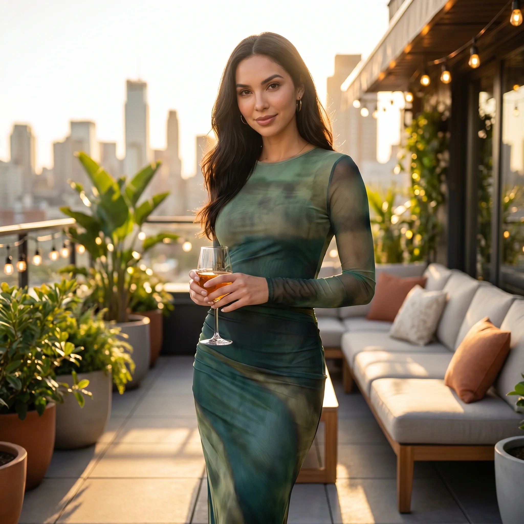 Women's Pleated Maxi Dress – Elegant Mesh Dress for Evening Wear-Dresses-Green-S-Moninavi