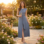 Summer Dress for Women – Sleeveless Midi Dress with Belt and Elegant Silhouette-Dresses-Blue-S-Moninavi