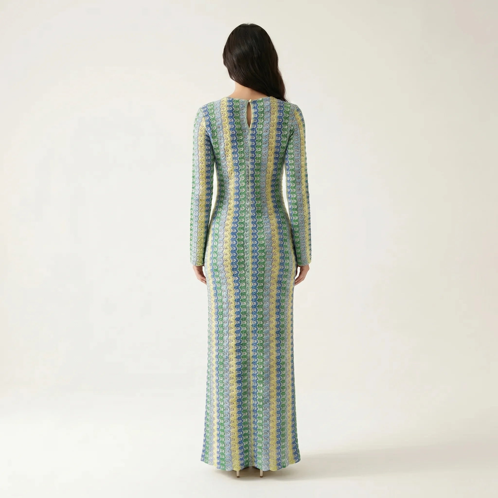 Colorful Maxi Dress for Women – Knitted V-Neck Dress with Long Sleeves and Slit-Dresses-Multicolour-S-Moninavi