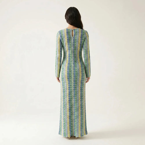 Colorful Maxi Dress for Women – Knitted V-Neck Dress with Long Sleeves and Slit-Dresses-Multicolour-S-Moninavi