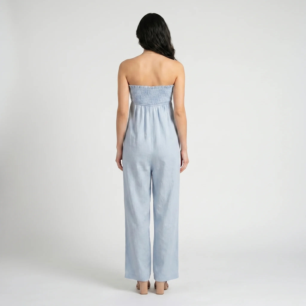 Women's Strapless Jumpsuit – Casual Summer Jumpsuit with Wide Legs and Pockets-Jumpsuit-Light Blue-XS-Moninavi