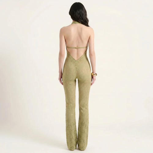 Backless Women's Jumpsuit in Lace – Bodycon Party Jumpsuit with Halterneck-Jumpsuit-Green-S-Moninavi