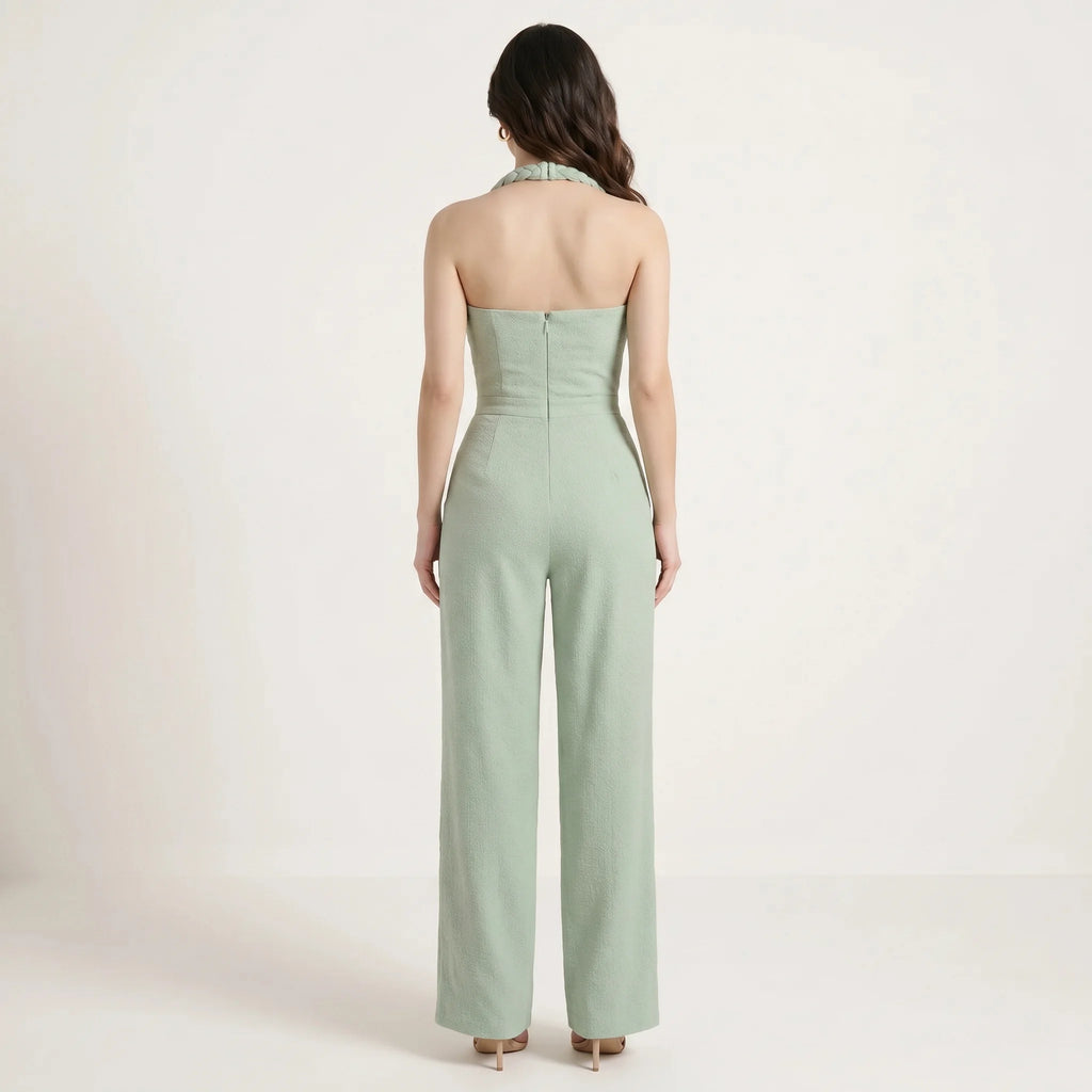 Green Women's Jumpsuit with Halterneck, Braided Details and Wide Legs-Jumpsuit-Green-S-Moninavi
