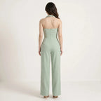 Green Women's Jumpsuit with Halterneck, Braided Details and Wide Legs-Jumpsuit-Green-S-Moninavi
