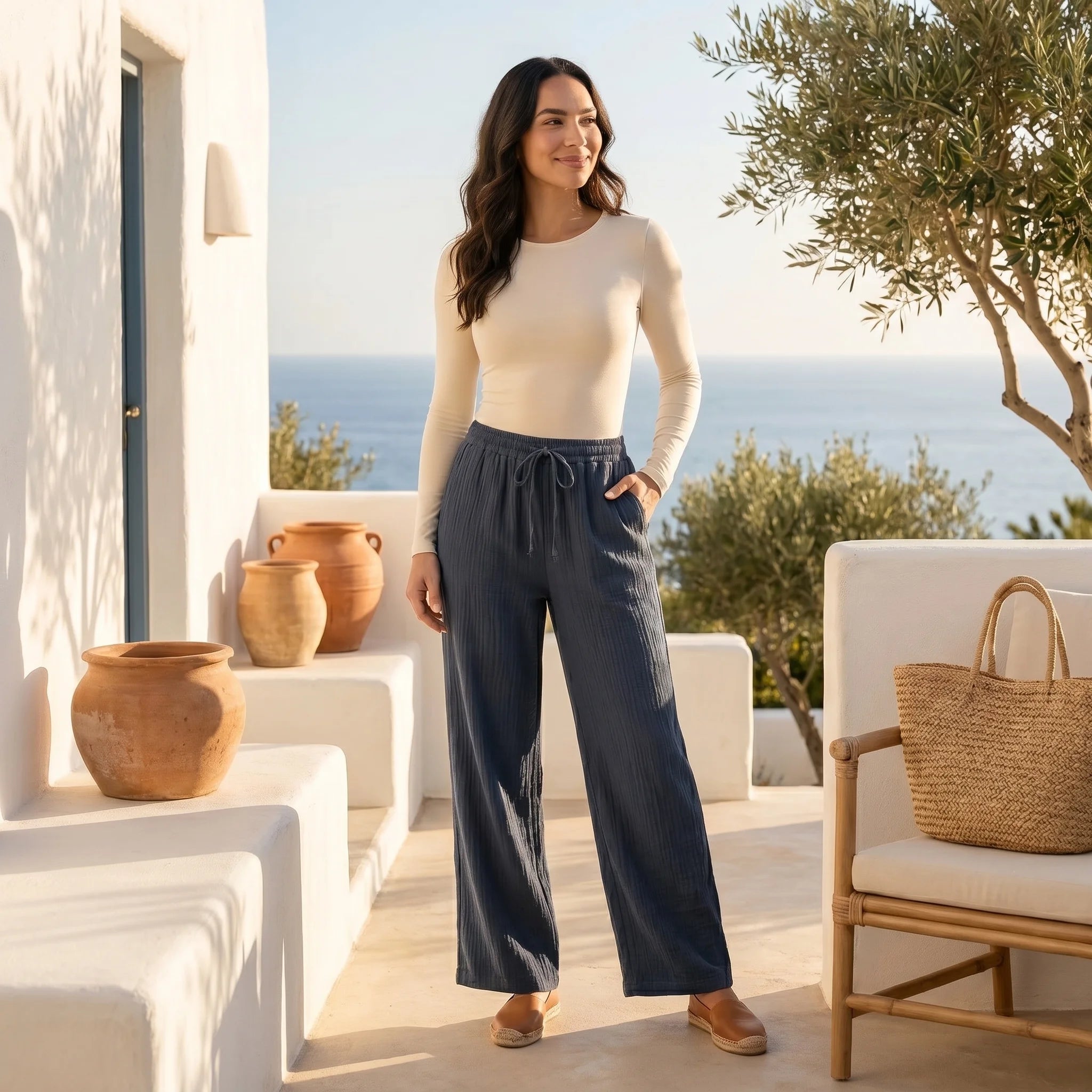 Women’s Cotton Wide-Leg Pants – Casual Drawstring Straight Leg Trousers-Trousers-Blue-XS-Moninavi
