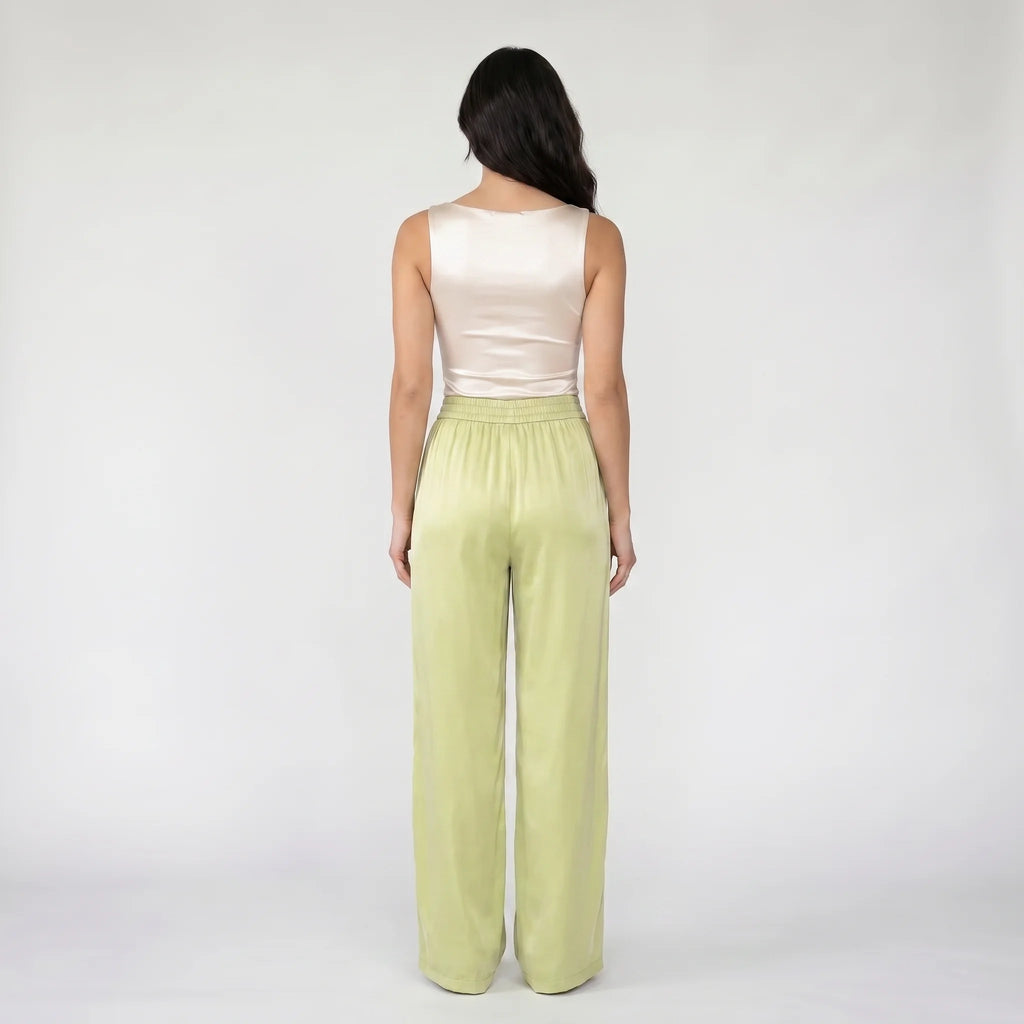 Women’s Ice Silk Wide-Leg Pants – Lightweight Elastic Waist Summer Trousers-Trousers-Green-S-Moninavi