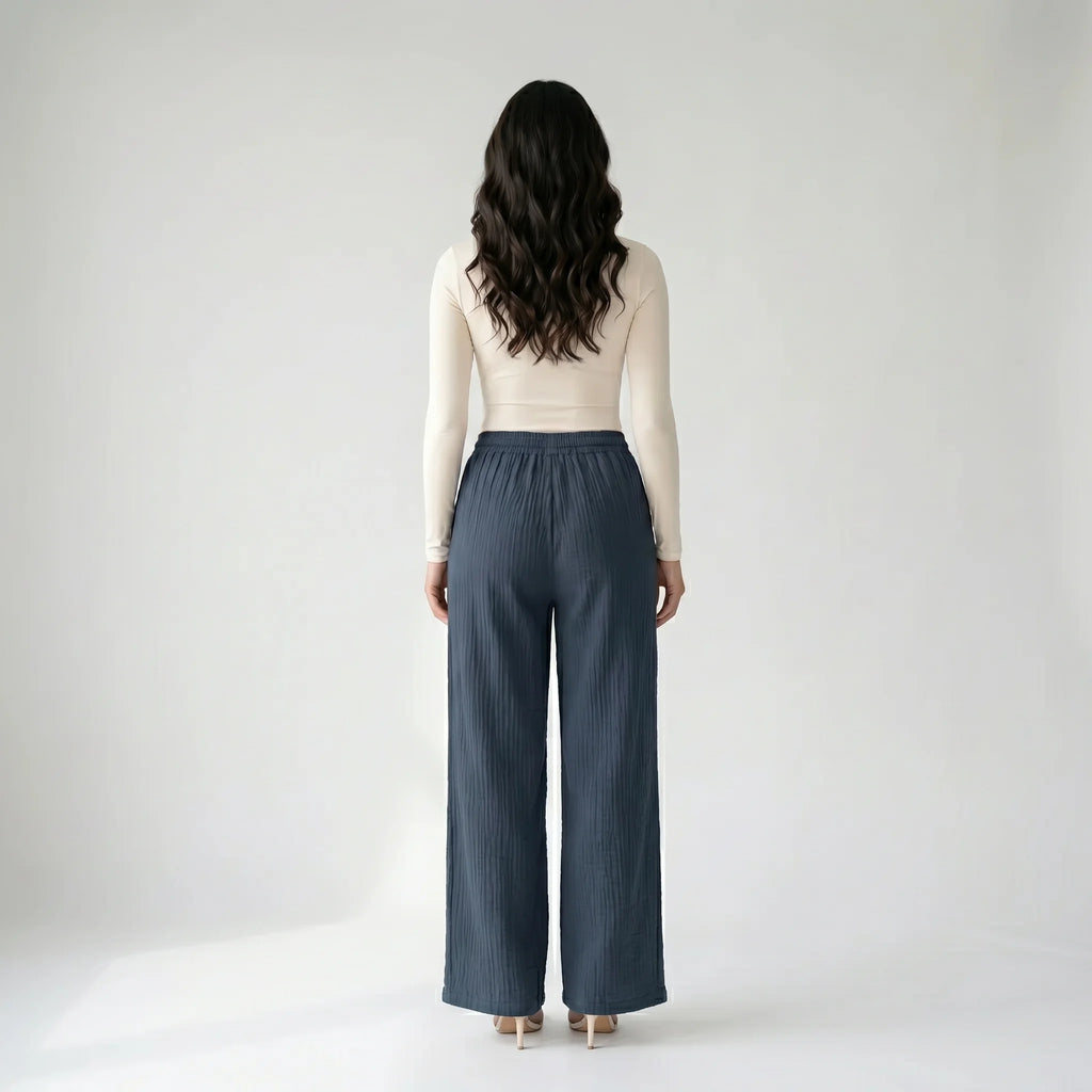 Women’s Cotton Wide-Leg Pants – Casual Drawstring Straight Leg Trousers-Trousers-Blue-XS-Moninavi