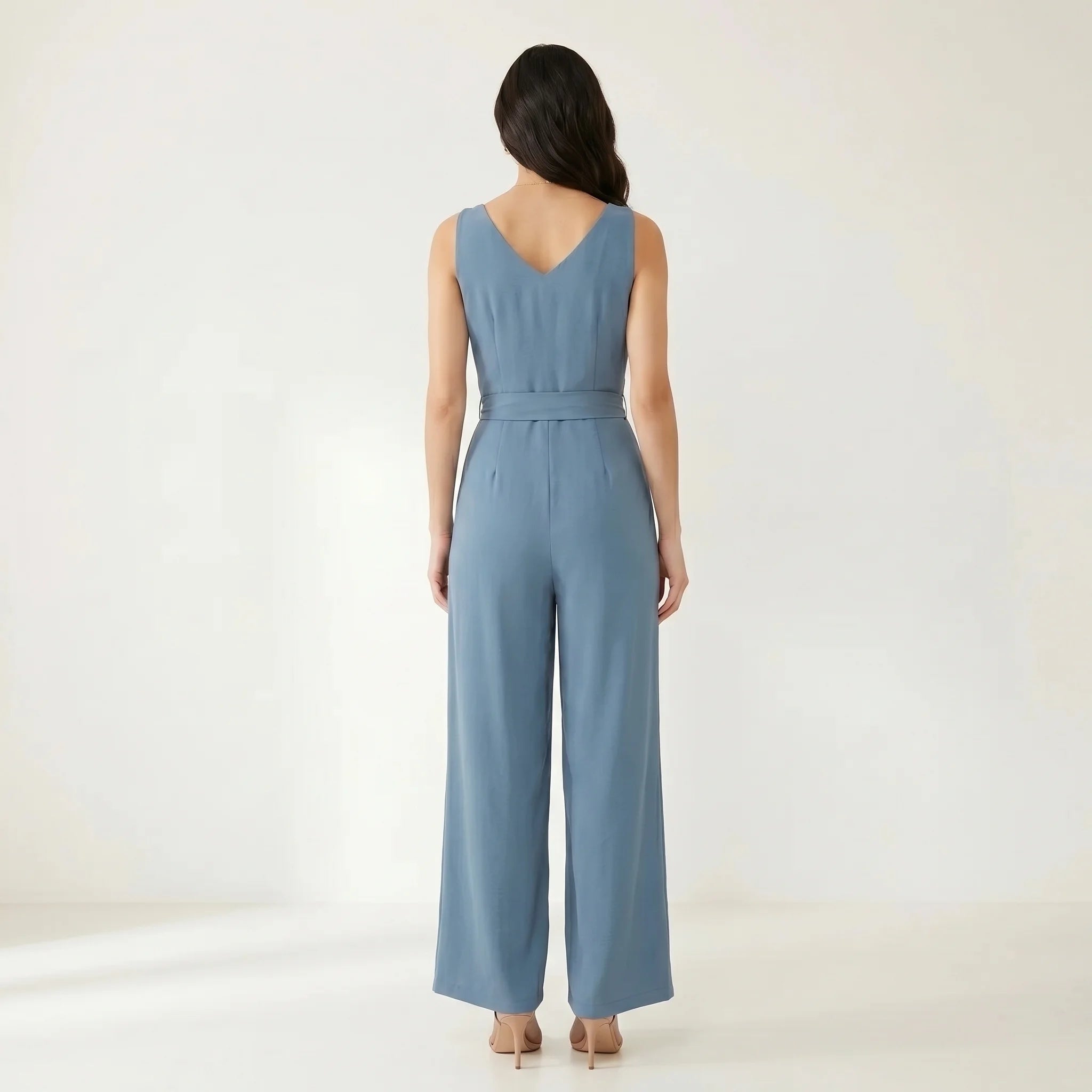 Sleeveless Women's Jumpsuit with V-Neck, Ties and Wide Legs-Jumpsuit-Light Blue-M-Moninavi